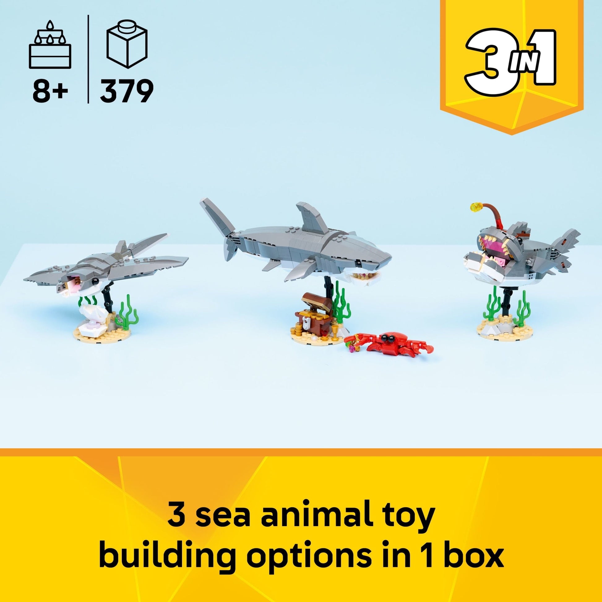 LEGO Creator Fierce Shark with a Treasure Chest Building Toy for Boys & Girls - Kids Build a Shark, Fish, or Manta Ray Animal Figure - Bedroom or Shelf Decor for Ages 8+ - 31381