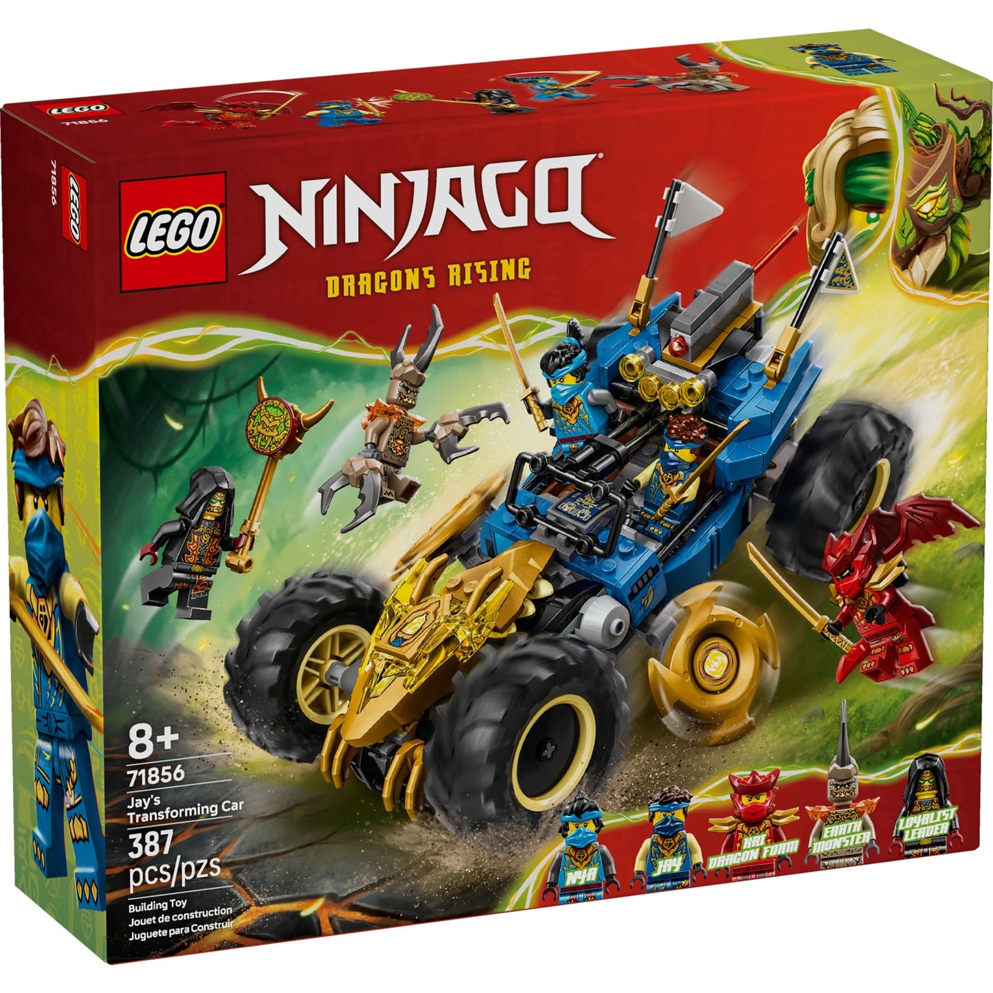 LEGO NINJAGO Jay’s Transforming Car Building Toy for Boys & Girls - Toy Car W/2 Play Modes for Kids, Ages 8+ - W/Jay, Nya, Dragon Form Kai, & 2 More Minifigures - Gift Idea for Birthdays - 71856