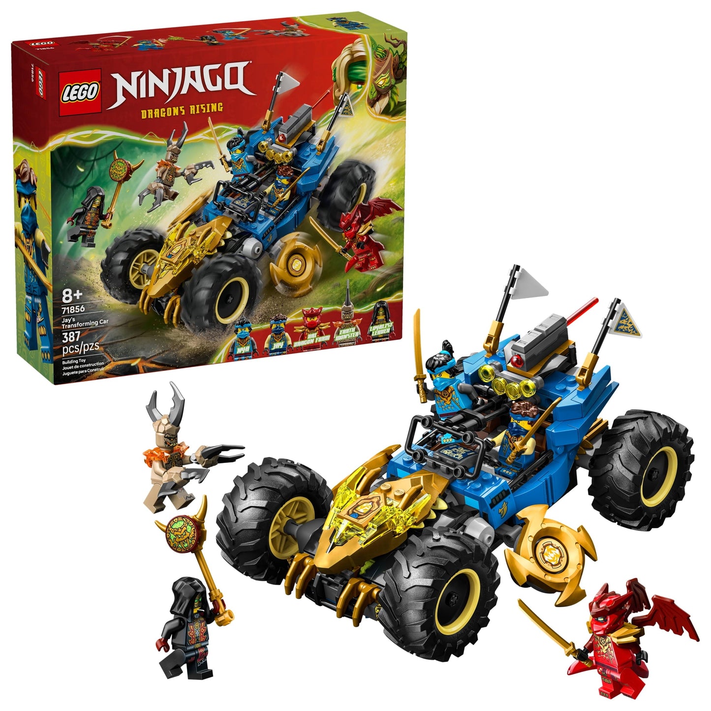 LEGO NINJAGO Jay’s Transforming Car Building Toy for Boys & Girls - Toy Car W/2 Play Modes for Kids, Ages 8+ - W/Jay, Nya, Dragon Form Kai, & 2 More Minifigures - Gift Idea for Birthdays - 71856