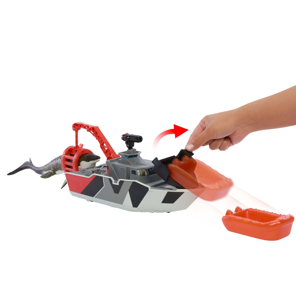 Matchbox Jurassic World Mosasaurus Rescue Action Boat Playset with Ship, Dino, Toy Car & Missiles