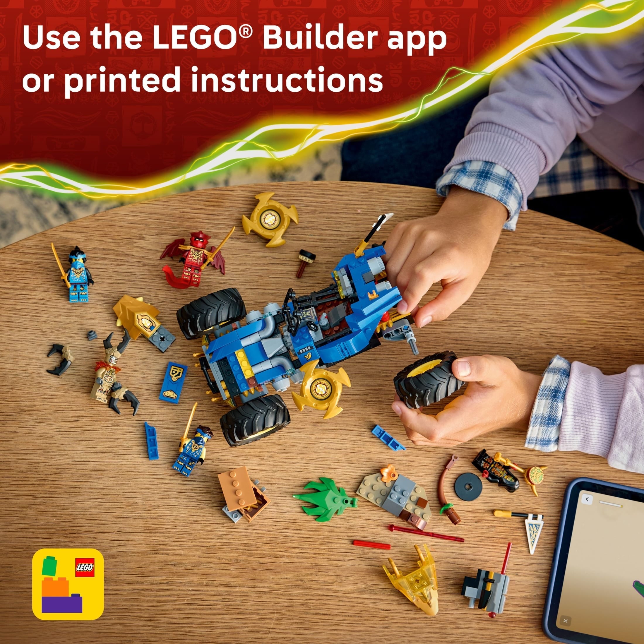 LEGO NINJAGO Jay’s Transforming Car Building Toy for Boys & Girls - Toy Car W/2 Play Modes for Kids, Ages 8+ - W/Jay, Nya, Dragon Form Kai, & 2 More Minifigures - Gift Idea for Birthdays - 71856