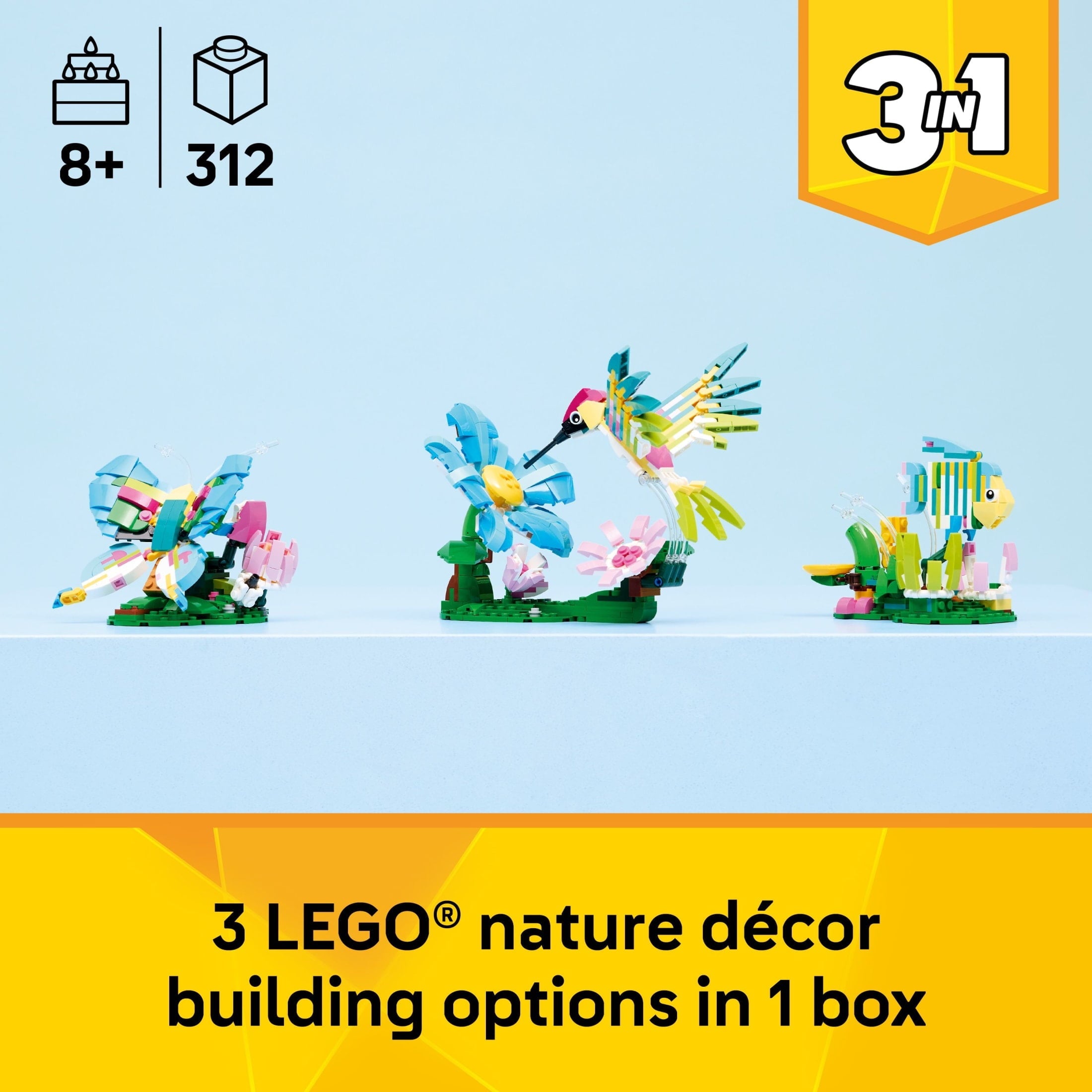 LEGO Creator 3 in 1 Wild Animals: Colorful Hummingbird Building Toy for Girls, Boys, & Kids, Ages 8+ - Build a Bird, Butterfly, or Tropical Fish - Gift Idea for Birthdays - 31384