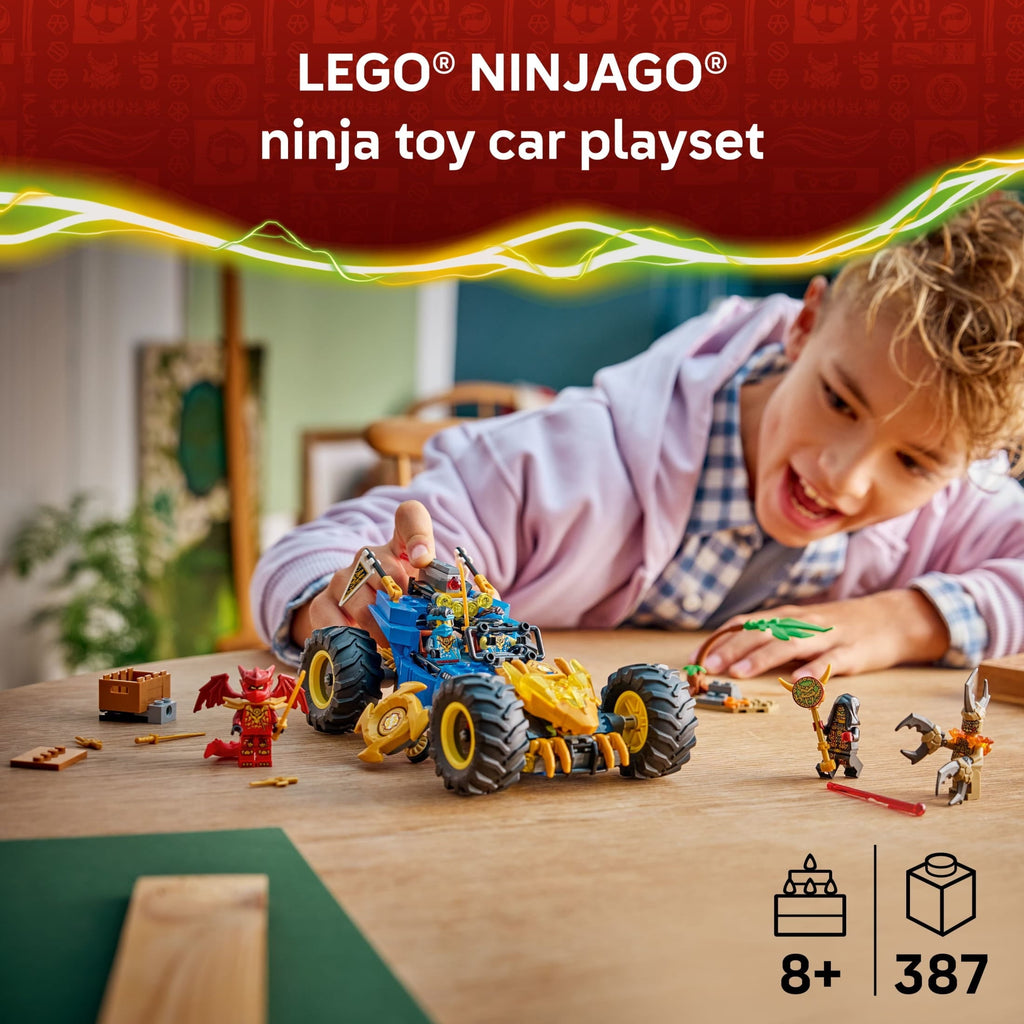 LEGO NINJAGO Jay’s Transforming Car Building Toy for Boys & Girls - Toy Car W/2 Play Modes for Kids, Ages 8+ - W/Jay, Nya, Dragon Form Kai, & 2 More Minifigures - Gift Idea for Birthdays - 71856