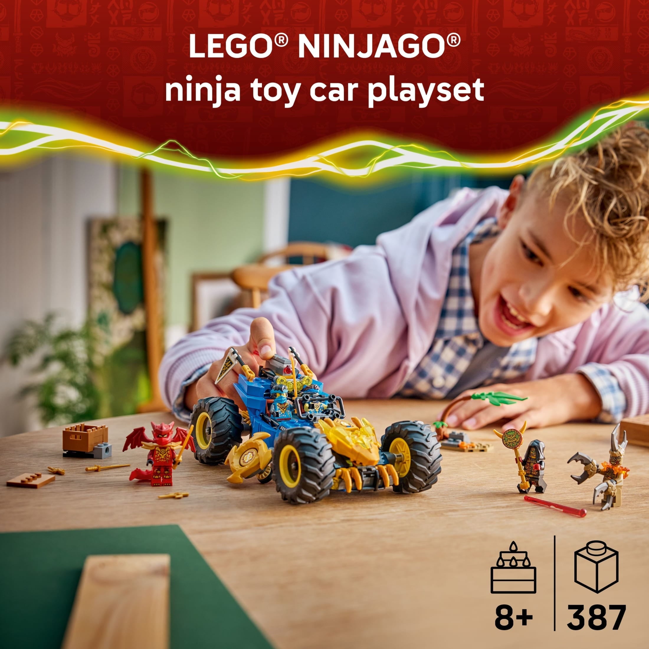 LEGO NINJAGO Jay’s Transforming Car Building Toy for Boys & Girls - Toy Car W/2 Play Modes for Kids, Ages 8+ - W/Jay, Nya, Dragon Form Kai, & 2 More Minifigures - Gift Idea for Birthdays - 71856