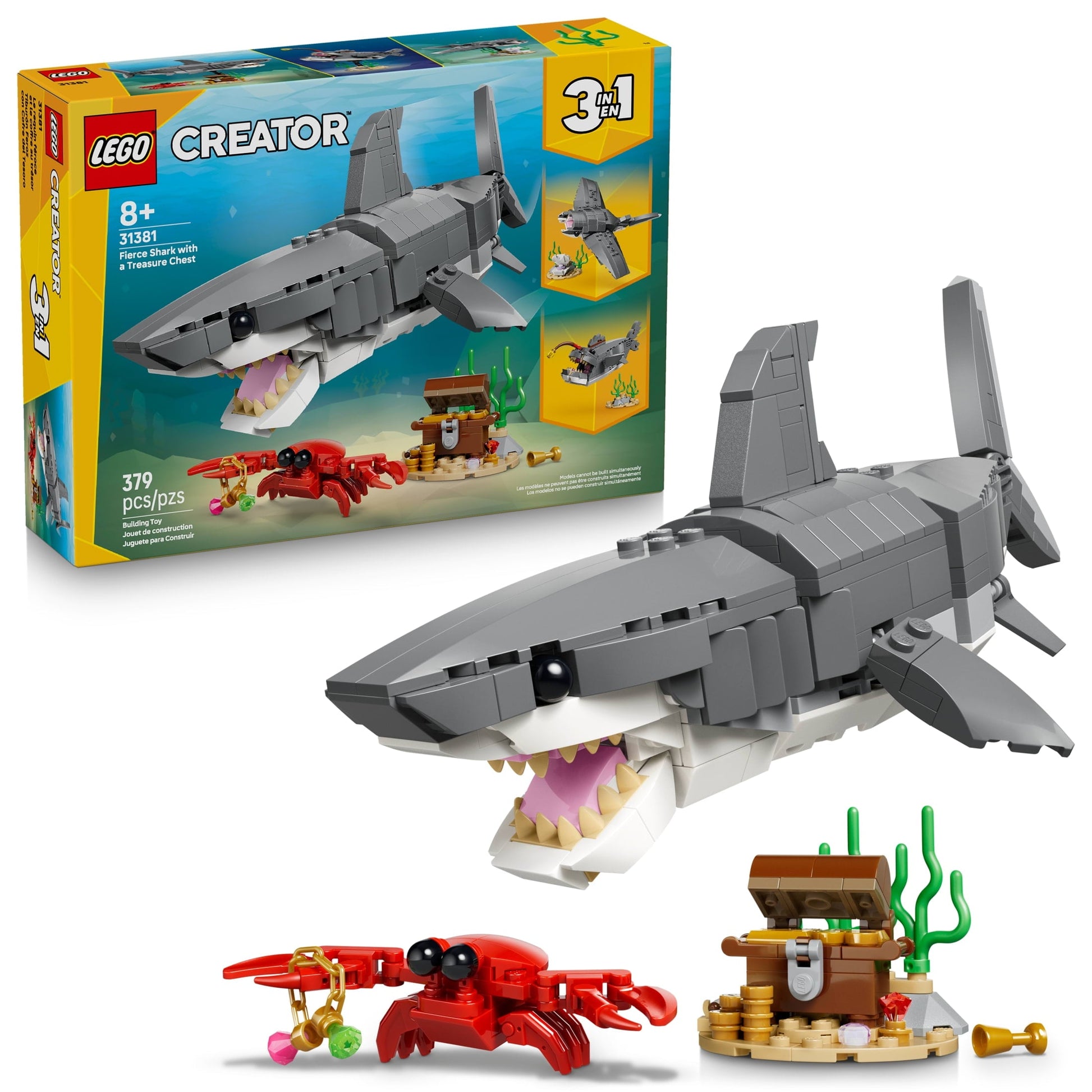 LEGO Creator Fierce Shark with a Treasure Chest Building Toy for Boys & Girls - Kids Build a Shark, Fish, or Manta Ray Animal Figure - Bedroom or Shelf Decor for Ages 8+ - 31381
